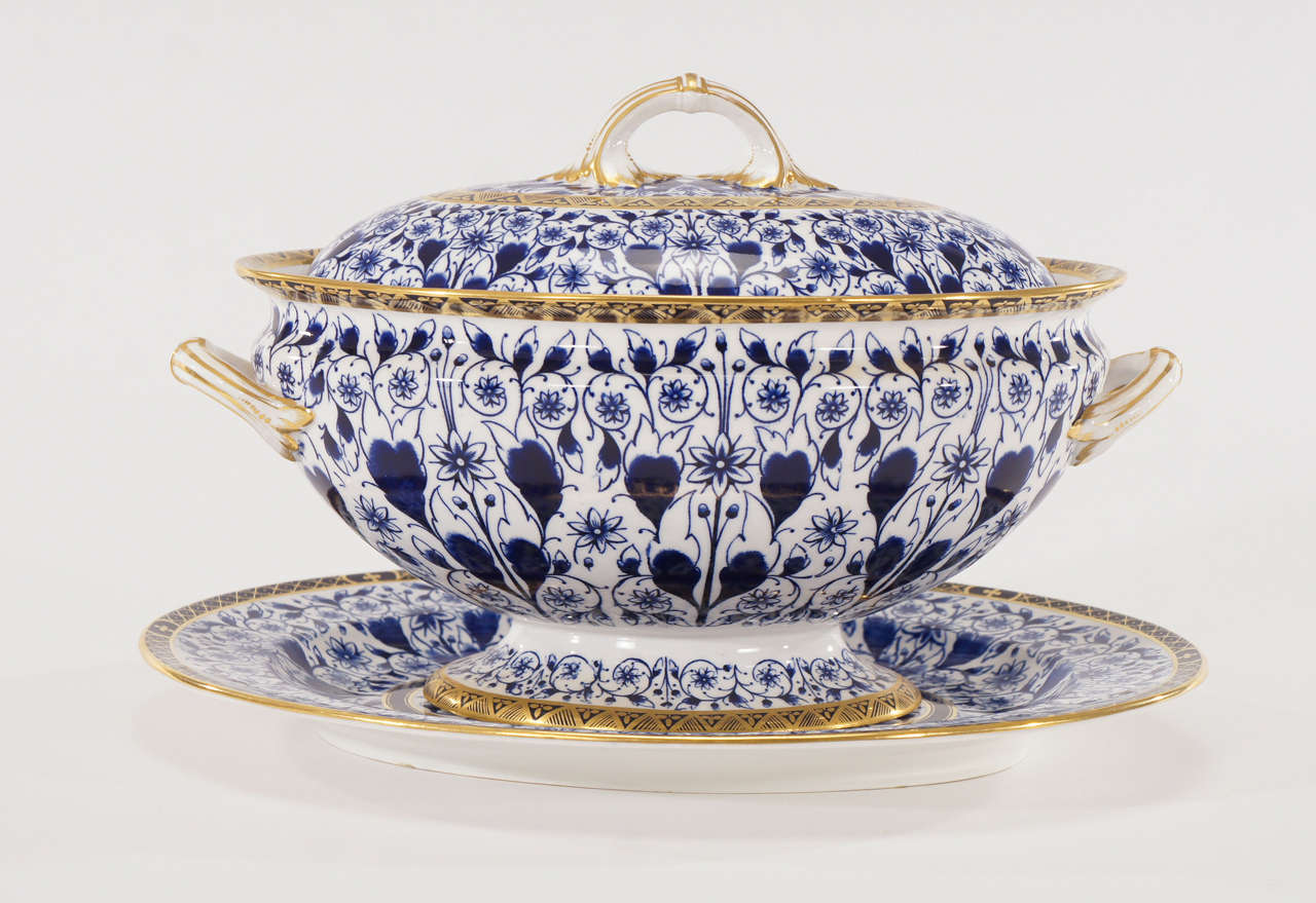 This 19th century Derby porcelain soup tureen in the most desirable cobalt blue and white 