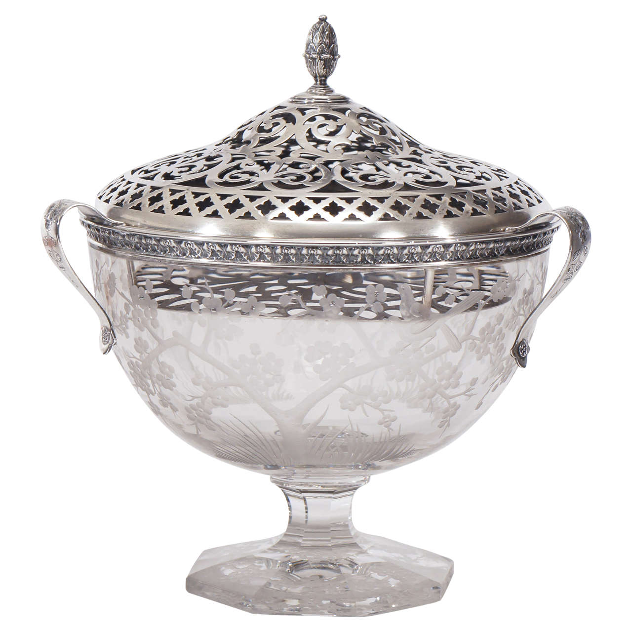 Hawkes Centerpiece with Gorham Sterling Silver Mount and Flower Frog-Grogan Co.
