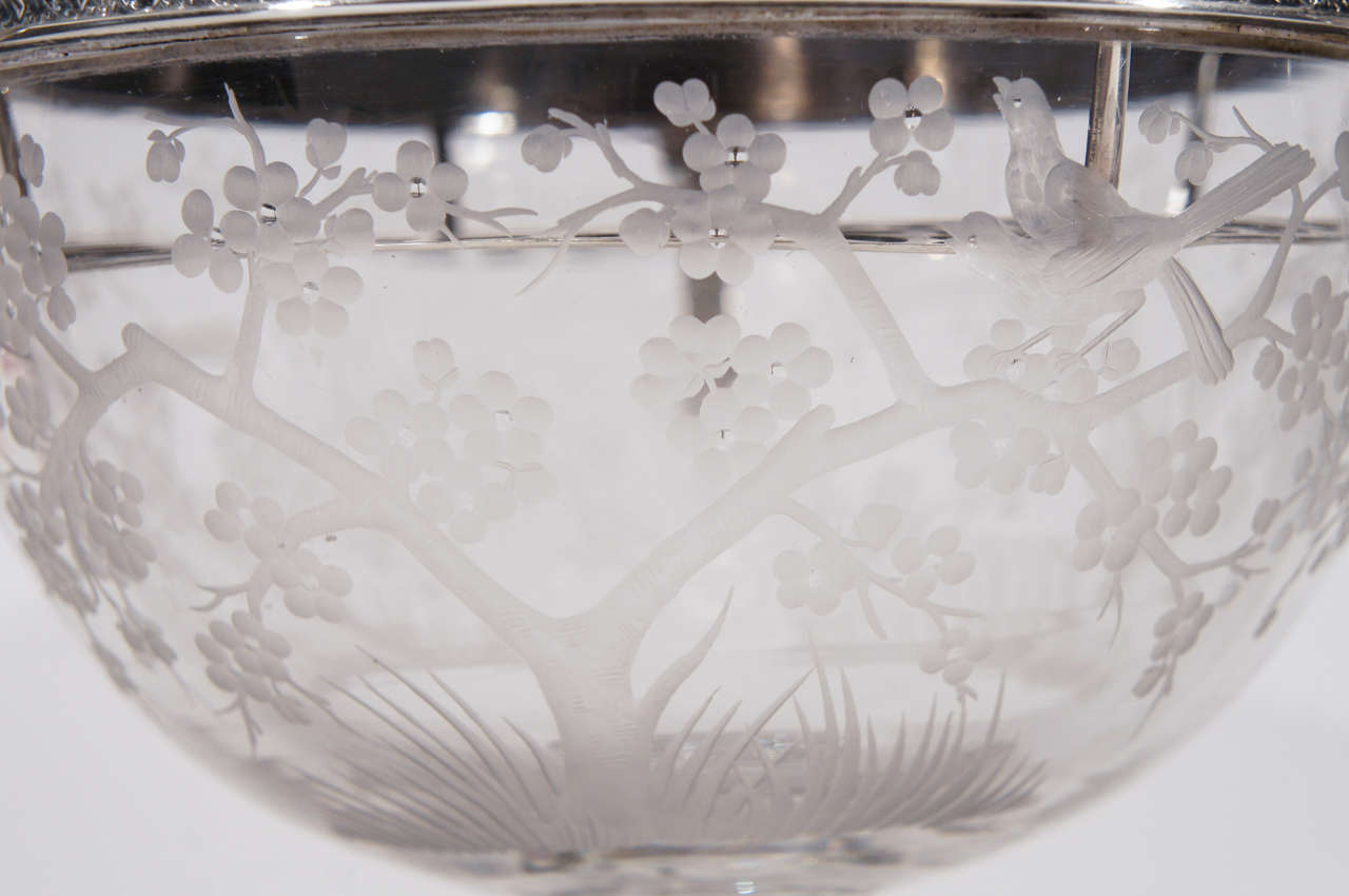 Cristal Centre de table Hawkes avec monture en argent sterling Gorham et fleur Frog-Grogan Co. en vente