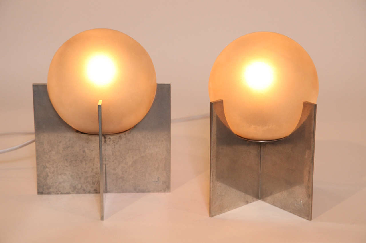 Brass Boris Jean Lacroix Pair of French Art Deco Nickel and Frosted Glass Table Lamps For Sale