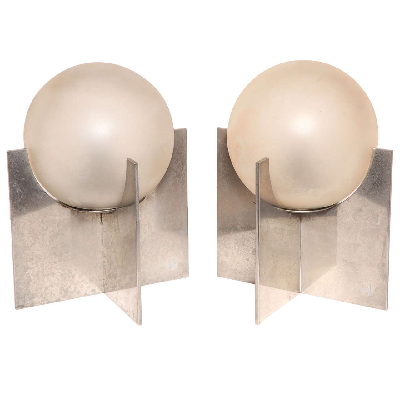 Boris Jean Lacroix Pair of French Art Deco Nickel and Frosted Glass Table Lamps For Sale