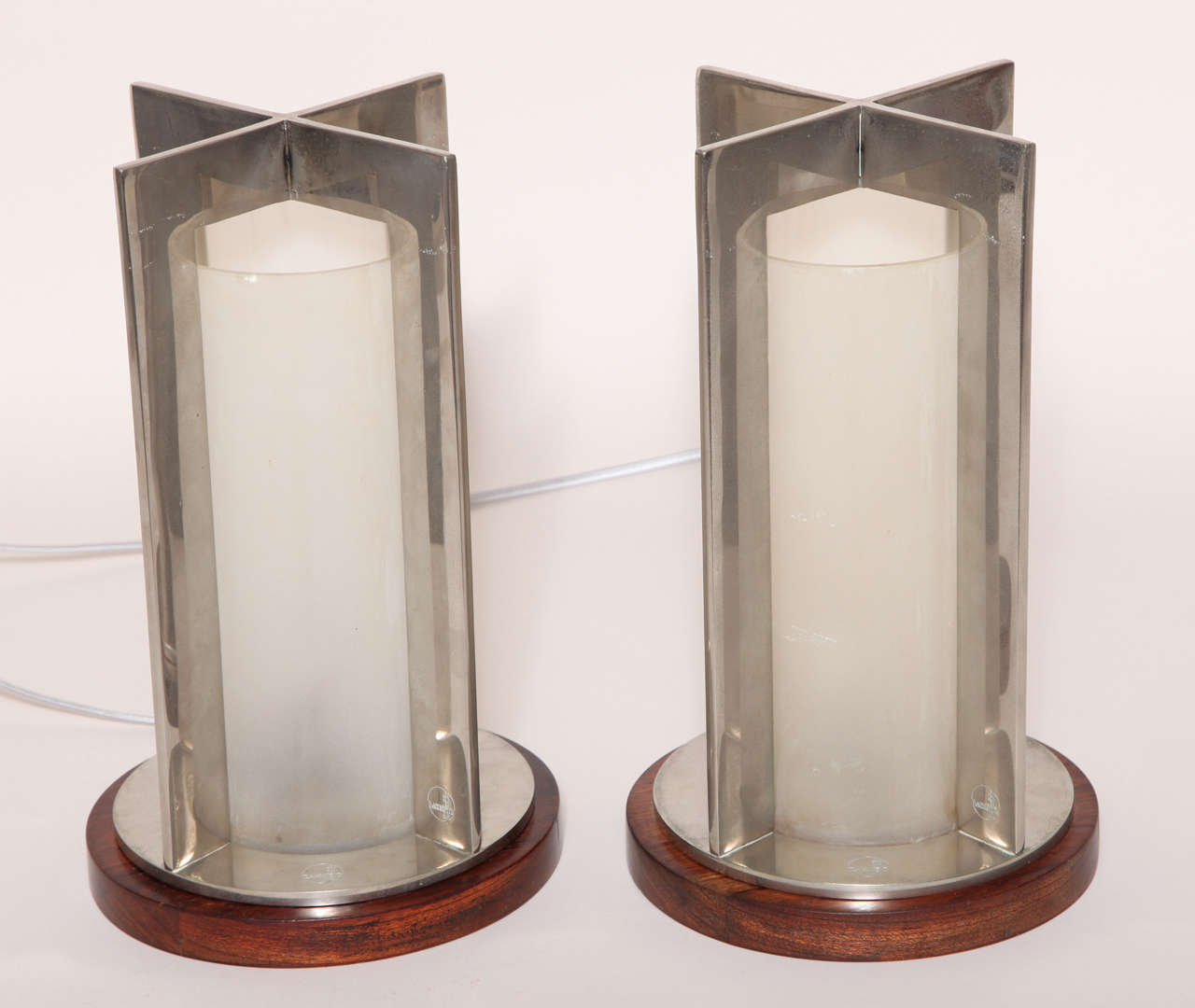 Brass Boris Jean Lacroix Pair of French Art Deco Nickel and Frosted Glass Table Lamps For Sale
