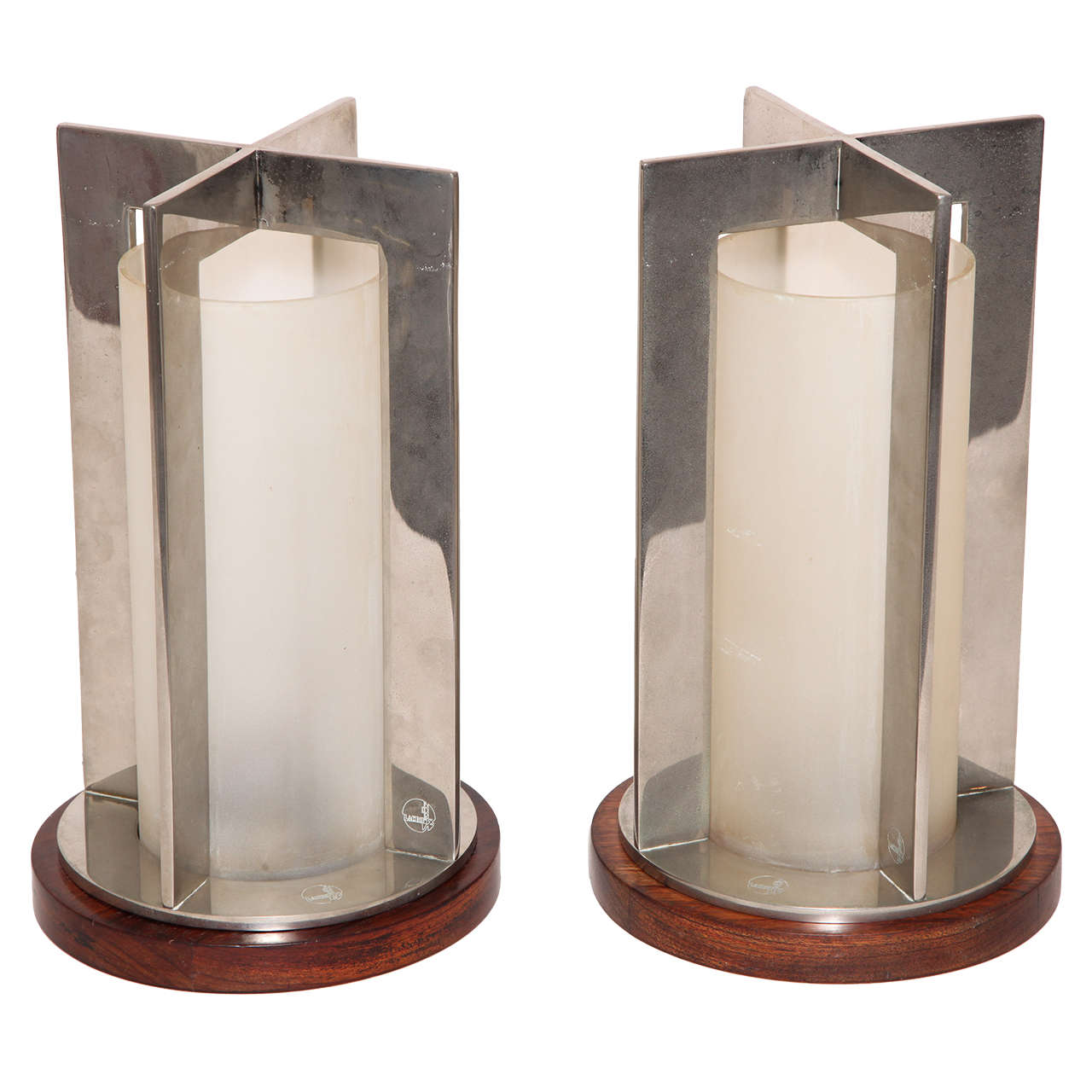 Boris Jean Lacroix Pair of French Art Deco Nickel and Frosted Glass Table Lamps For Sale