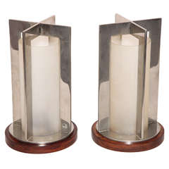 Boris Jean Lacroix Pair of French Art Deco Nickel and Frosted Glass Table Lamps