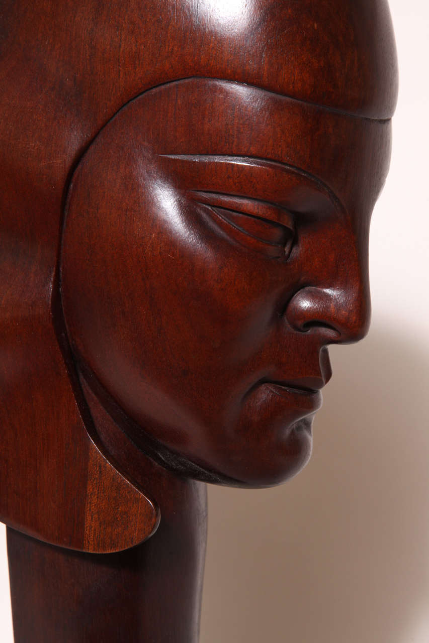 French Manya Konolei Carved and Stained Wood Sculpture of Head For Sale