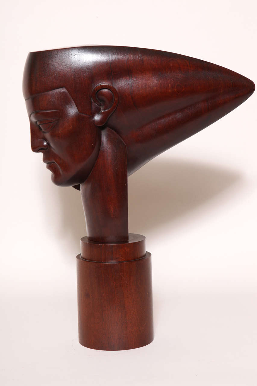 French Manya Konolei Carved and Stained Wood Sculpture of Head For Sale