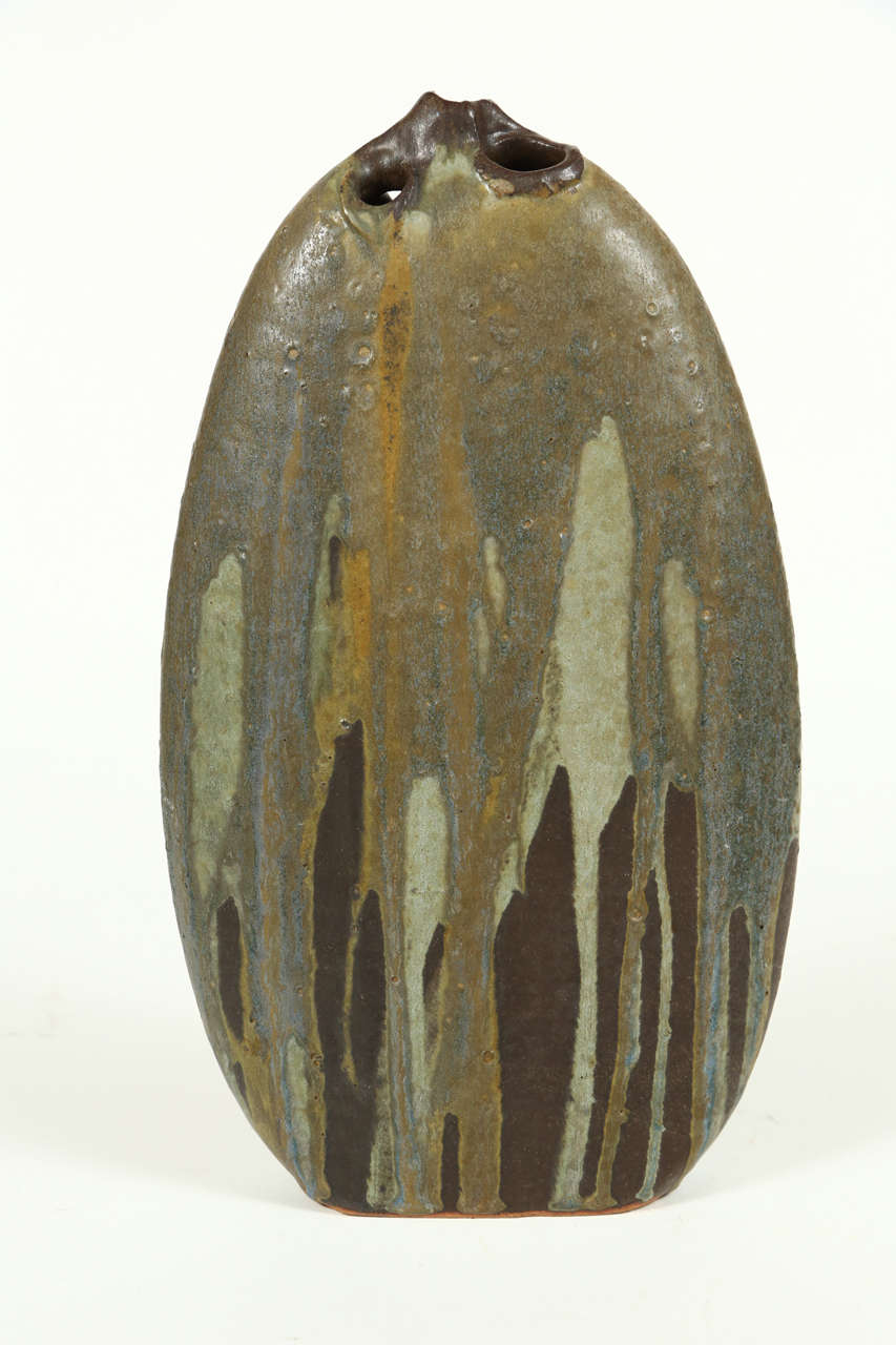 Drip glazed stoneware vessel by Andrew Bergloff from 1970.