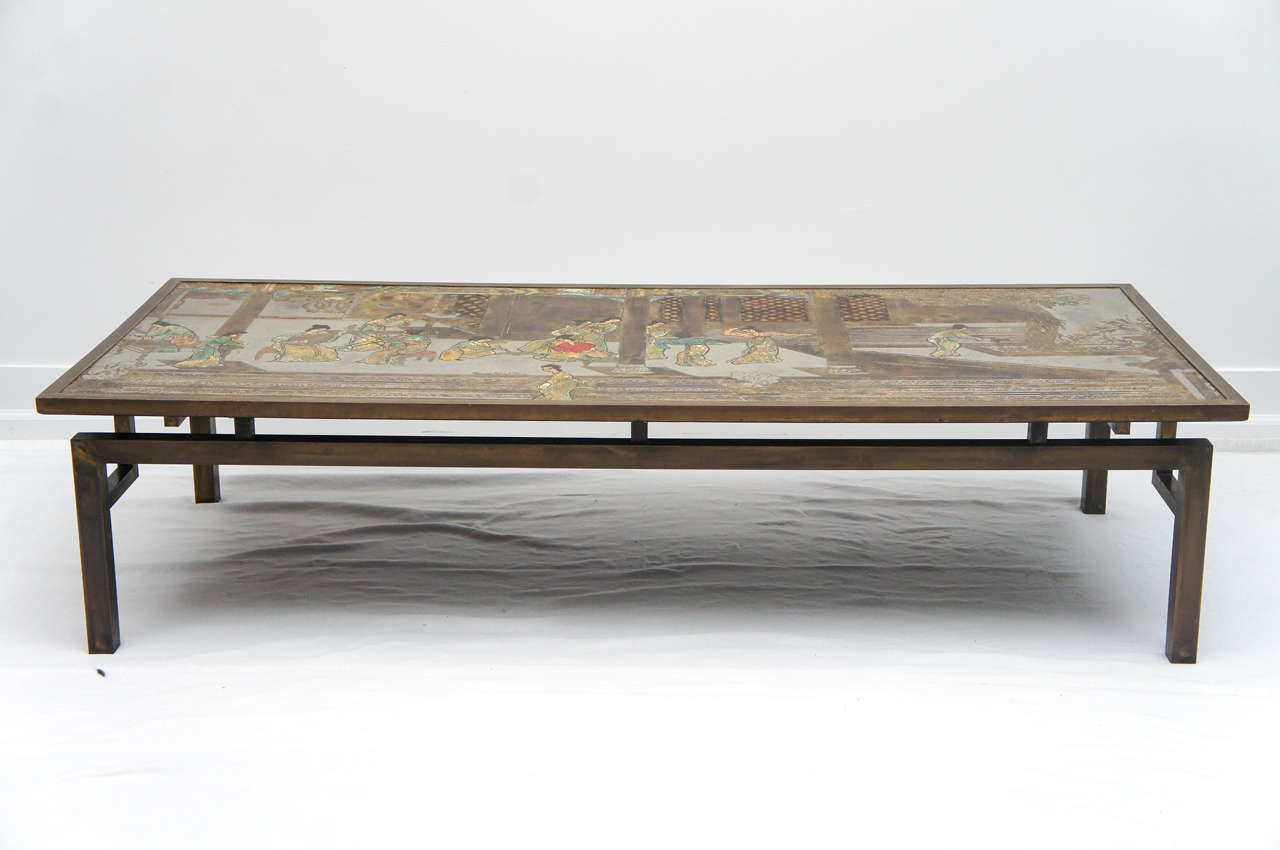These Laverne tables are becoming very collectable fetching record high numbers at auction. Pick one up while you still can.
This tables happens to be one of the more desirable LaVerne tables.
The top depicts an Asian wedding scence in fabulous