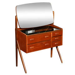 Vintage Danish Modern Teak Vanity with Abstract Black Glass Top