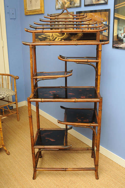 Antique English bamboo shelf with unique pagoda style pediment & decorated panels.(All original with japanning).