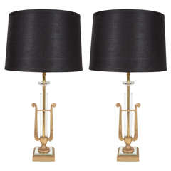 Pair of 1940s Hollywood Lyre Lamps