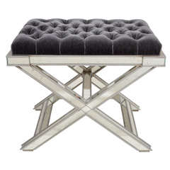 Modernist Tufted "X" Bench with Antique Mirrored Base Design