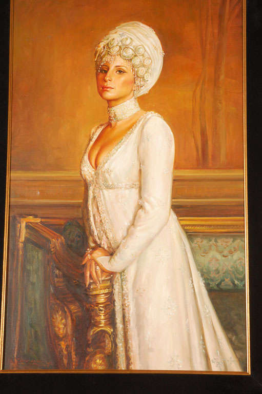 Late 20th Century Ornate Framed Oil Portrait of Barbara Streisand