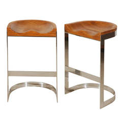 Pair Of Solid Oak and Chrome Bar Stools Pair Of Solid Oak and Chrome Bar Stools