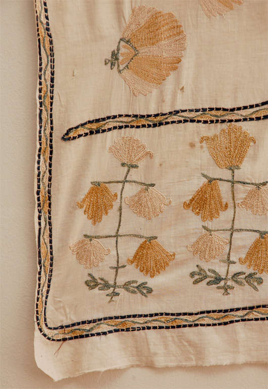 Silk embroidery on fine hand woven cotton back.  Dowry piece from Swat area of Hindu Kush. Unusual colors: shades of beige and green on off white background.