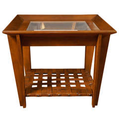 Side Table with Leather Woven Shelf