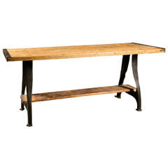 Industrial iron base, c. 1940-50, with reclaimed oak top and shelf