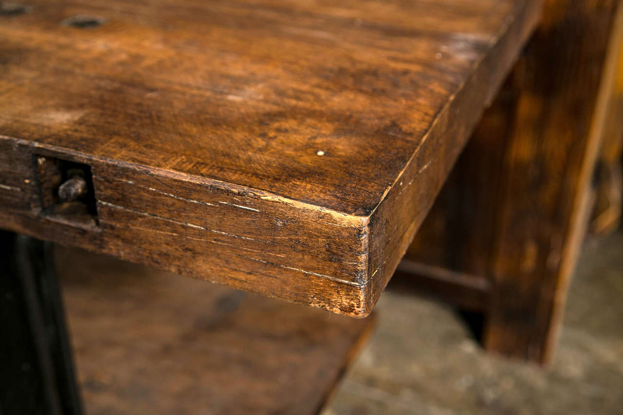 Industrial Superb quality French cast iron base and beech industrial work table, c. 1900