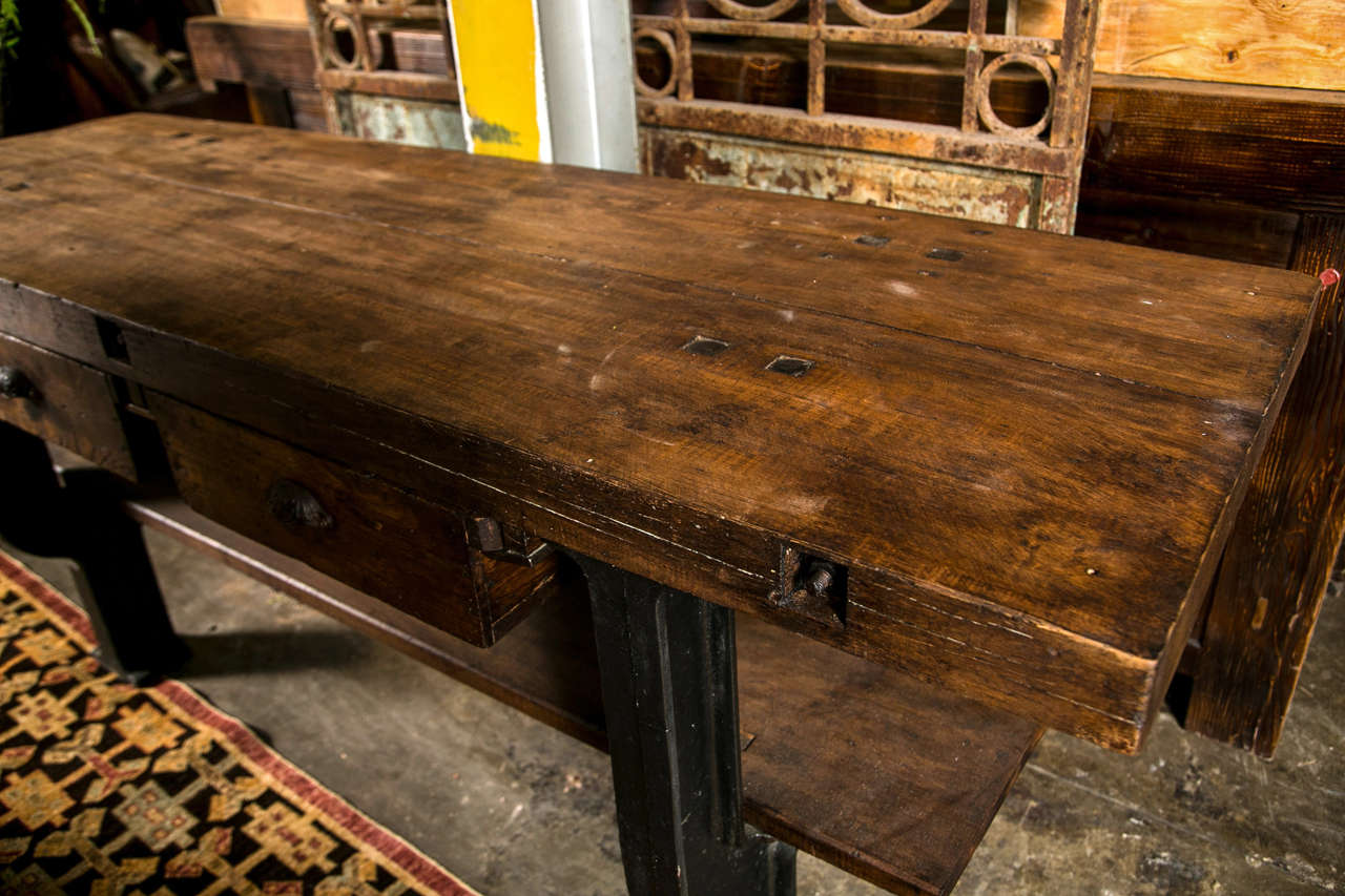 Superb quality French cast iron base and beech industrial work table, c. 1900 In Excellent Condition In Norwalk, CT