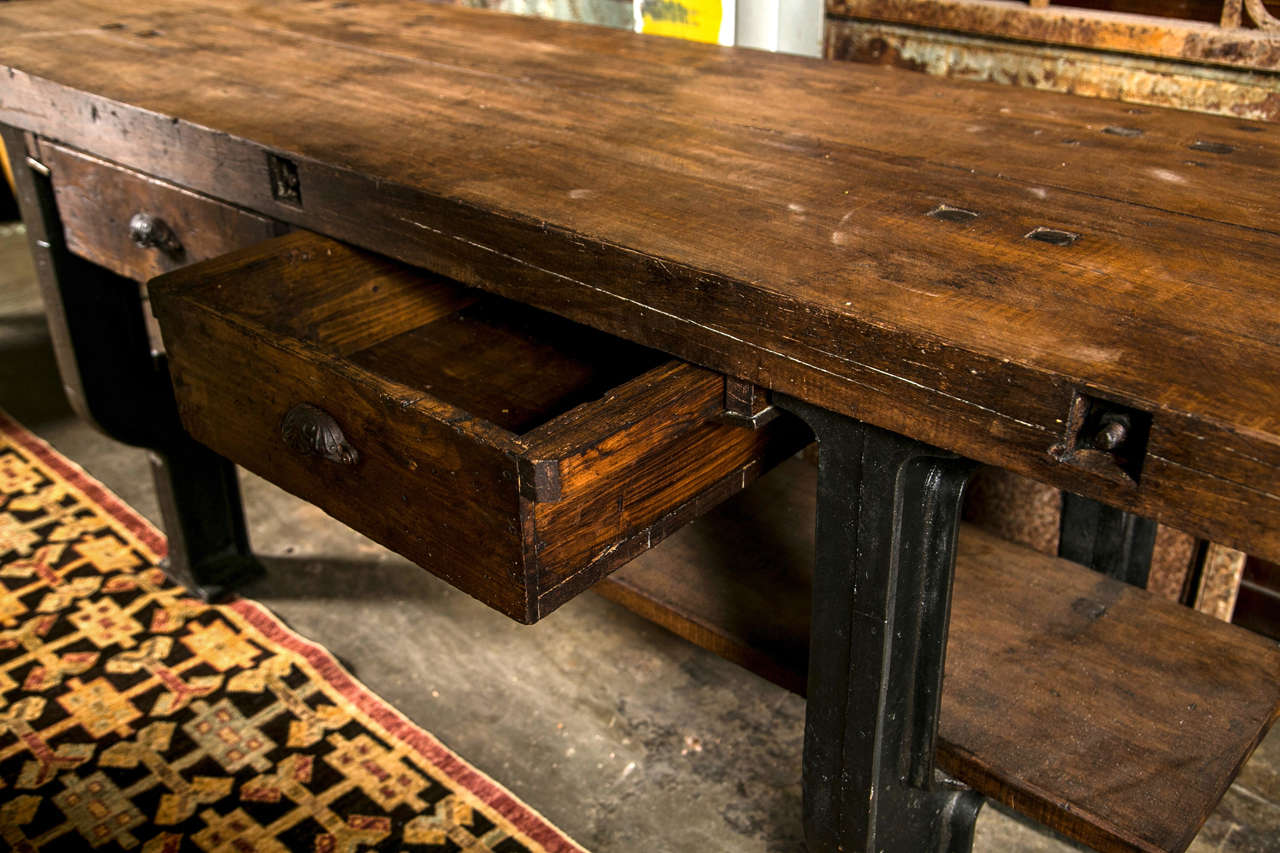 Superb quality French cast iron base and beech industrial work table, c. 1900 1