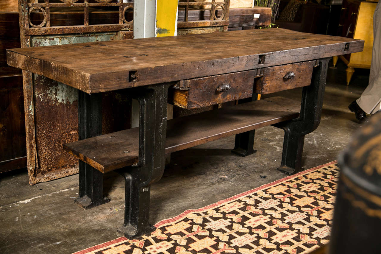 Superb quality French cast iron base and beech industrial work table, c. 1900 2