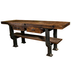 Antique Superb quality French cast iron base and beech industrial work table, c. 1900