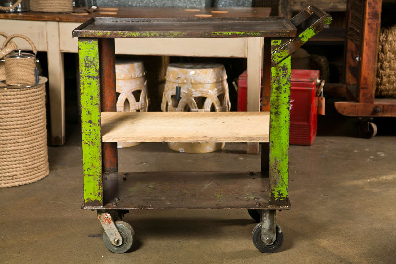 Industrial painted iron factory cart with oak shelf or rolling castors, c. 1920-40, makes a great bar, 35