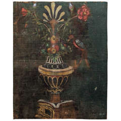 19thToile peinte, urn with flowers and bird, mounted on board 5
