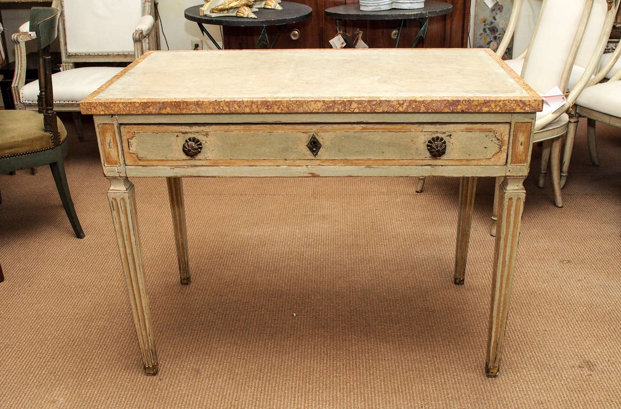 French Louis XVI painted table with reversible marble top banded in marble