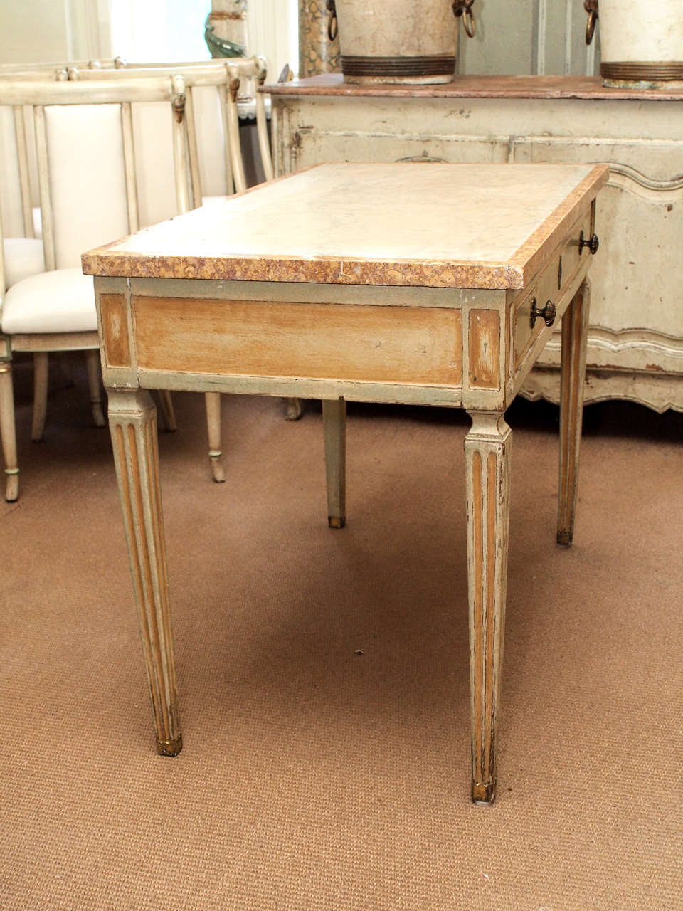 Wood Louis XVI painted table with reversible marble top banded in marble