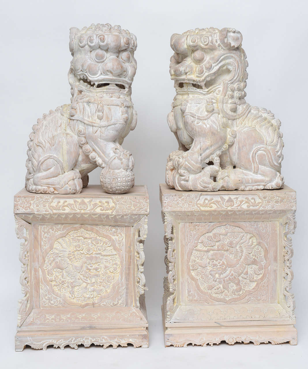 Pair of Midcentury Wood Carved Foo Dogs on Pedestal
