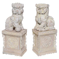 Pair of Midcentury Wood Carved Foo Dogs on Pedestal