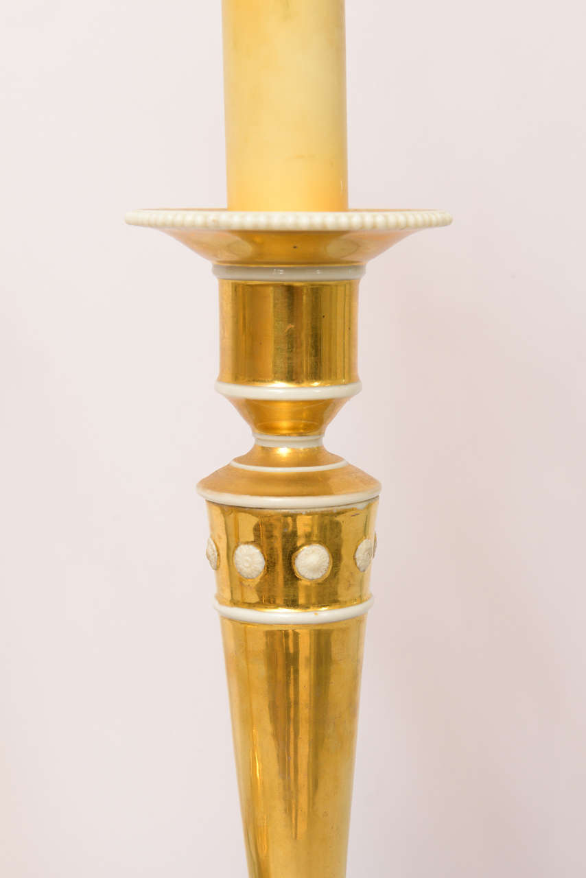 19th Century Fine Pair of Gilt Porcelain Candlestick Lamps