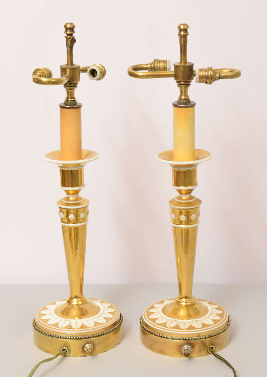 Brass Fine Pair of Gilt Porcelain Candlestick Lamps