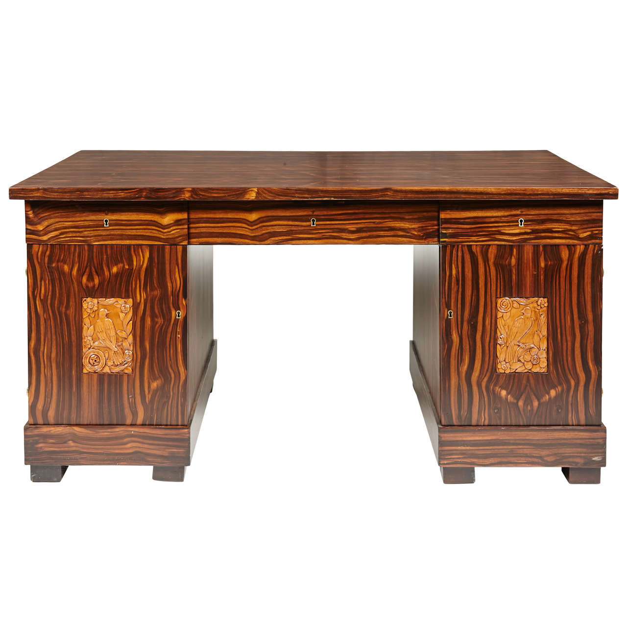 Impressive French Art Deco, Macassar Desk with Inset Carved Panels For Sale