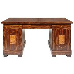 Impressive French Art Deco, Macassar Desk with Inset Carved Panels