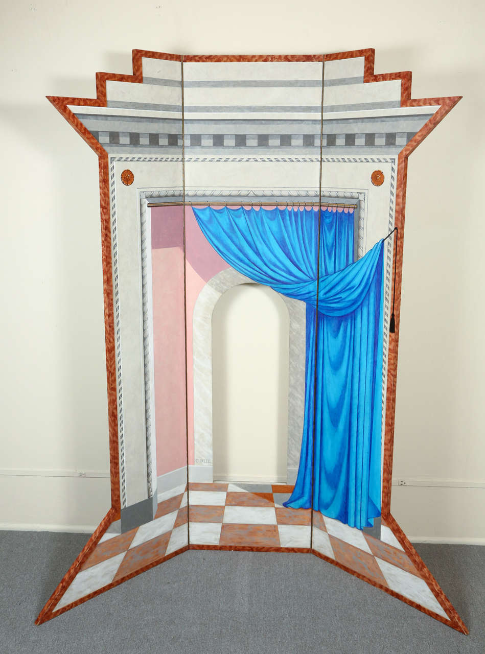 Saks Fifth Avenue folding screen by award winning artist / author / illustrator Lynn Curlee.  This shaped screen was commissioned by Saks Fifth Avenue directly from the artist in the mid 1980s.    Both sides depict the famous Fifth Avenue limestone