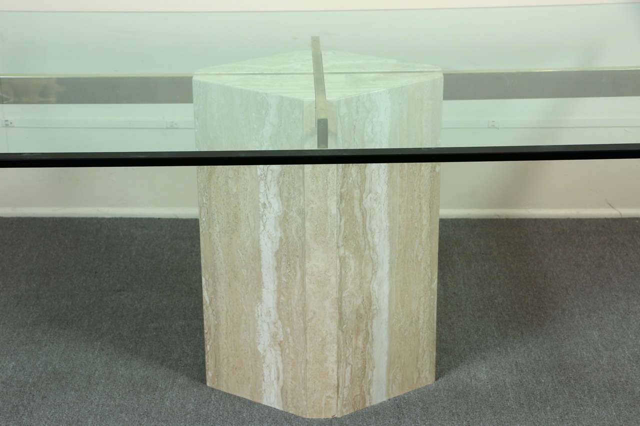 Impressive Single Pedestal Dining Table In Travertine Brass And Italian Impressive Single Pedestal Dining Table In Travertine Brass And Glass For