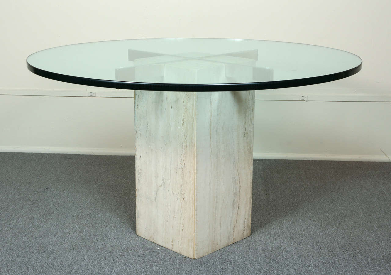Small Travertine, Brass and Glass Cocktail Table