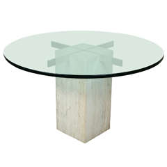 Small Travertine, Brass and Glass Cocktail Table