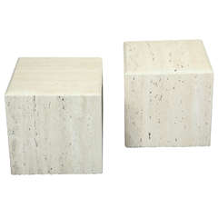 Pair of Stylish Travertine Cube End Tables