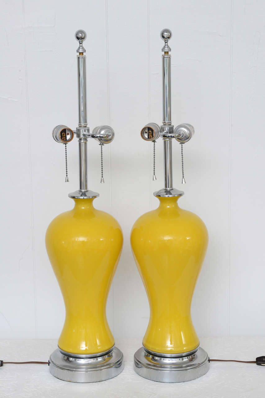 Pair of Chrome and Yellow Glass Lamps