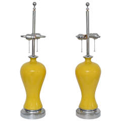 Pair of Chrome and Yellow Glass Lamps
