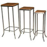 Set of Three Polished Steel and Pine  Tables