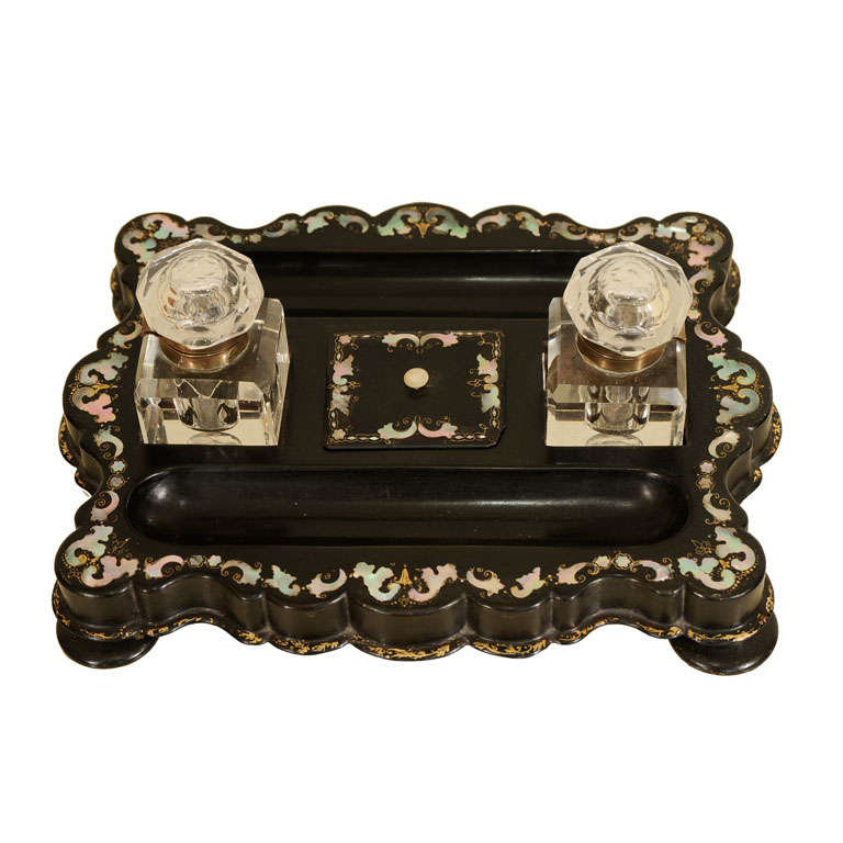Victorian Inkwell with Mother-of-Pearl Inlay For Sale