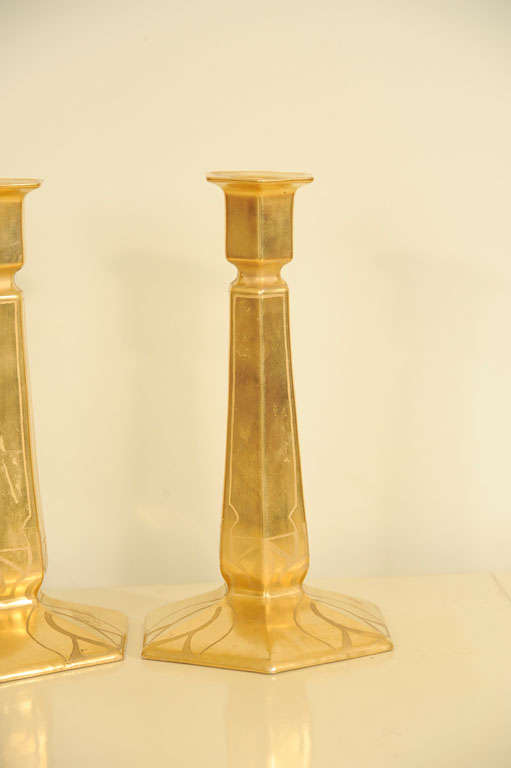 A Pair of Art Nouveau Limoges Candlesticks leafed in Gold 3