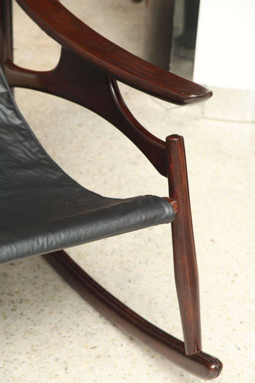 A Rare Sergio Rodrigues Rosewood and Leather Rocking Chair 3