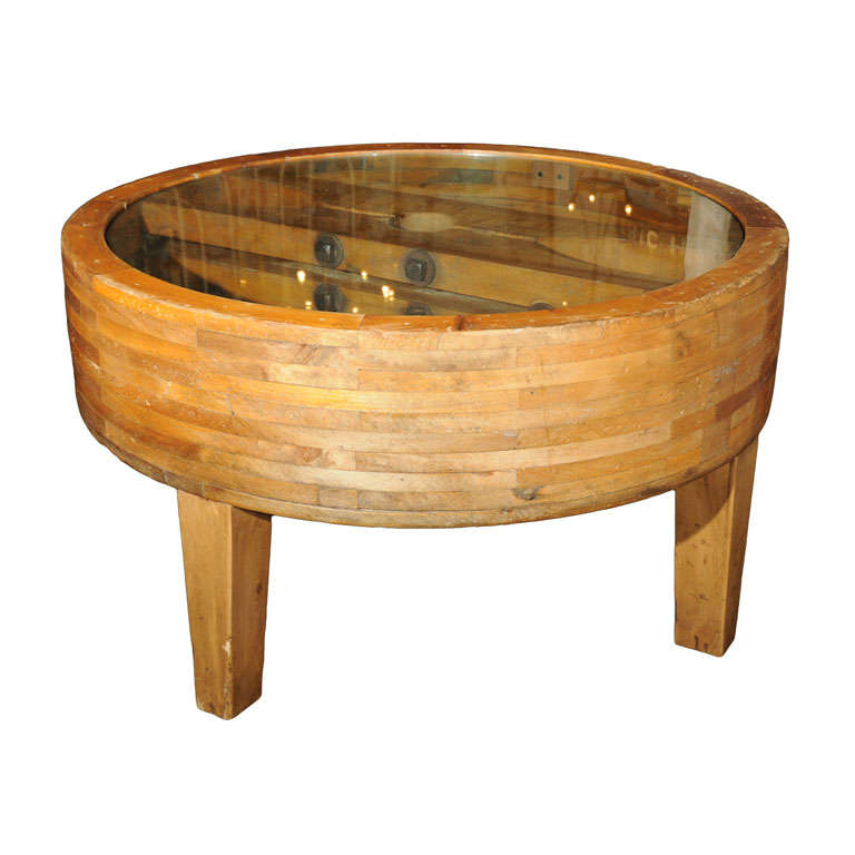 Leather Belt Pulley repurposed as Coffee Table