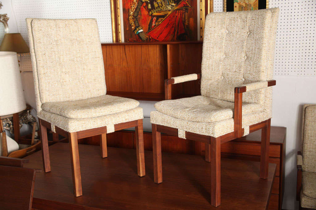 2 Armchairs plus 4 chairs in solid teak with original chenille cream fabric...