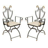 Pair of Italian Lyre-Back Iron and Brass Campaign Chairs